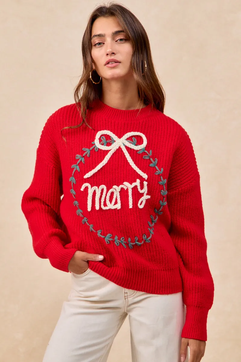 All-Purpose Wear IP8254S-13 | CHRISTMAS WREATH MERRY LETTER KNIT TOP