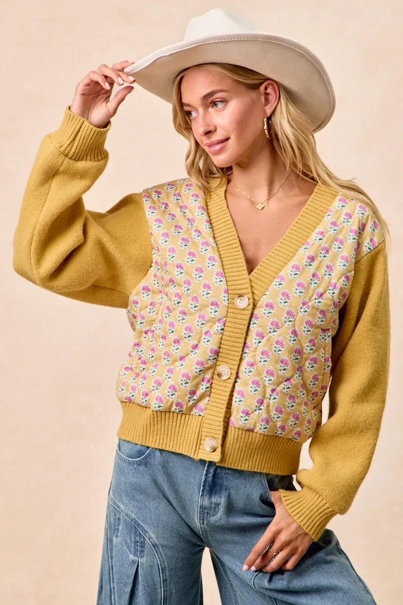 Non Bulky Profile IT4730S-01 | QUILTED FLOWER PRINTED WITH SWEATER COMBO CARDIGAN