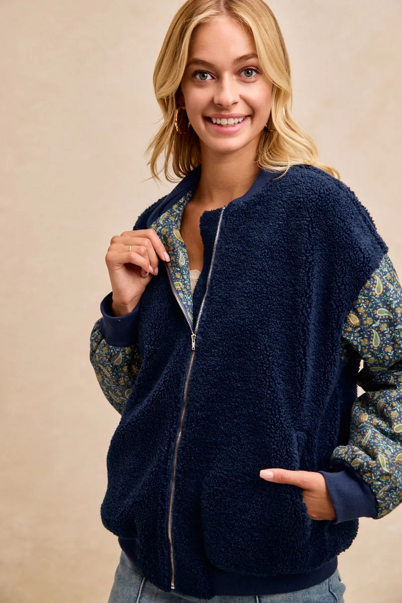 AirflowVents IT4748S-02 | SHERPA WITH PAISLEY PRINTED  SLEEVES BOMBER JACKET