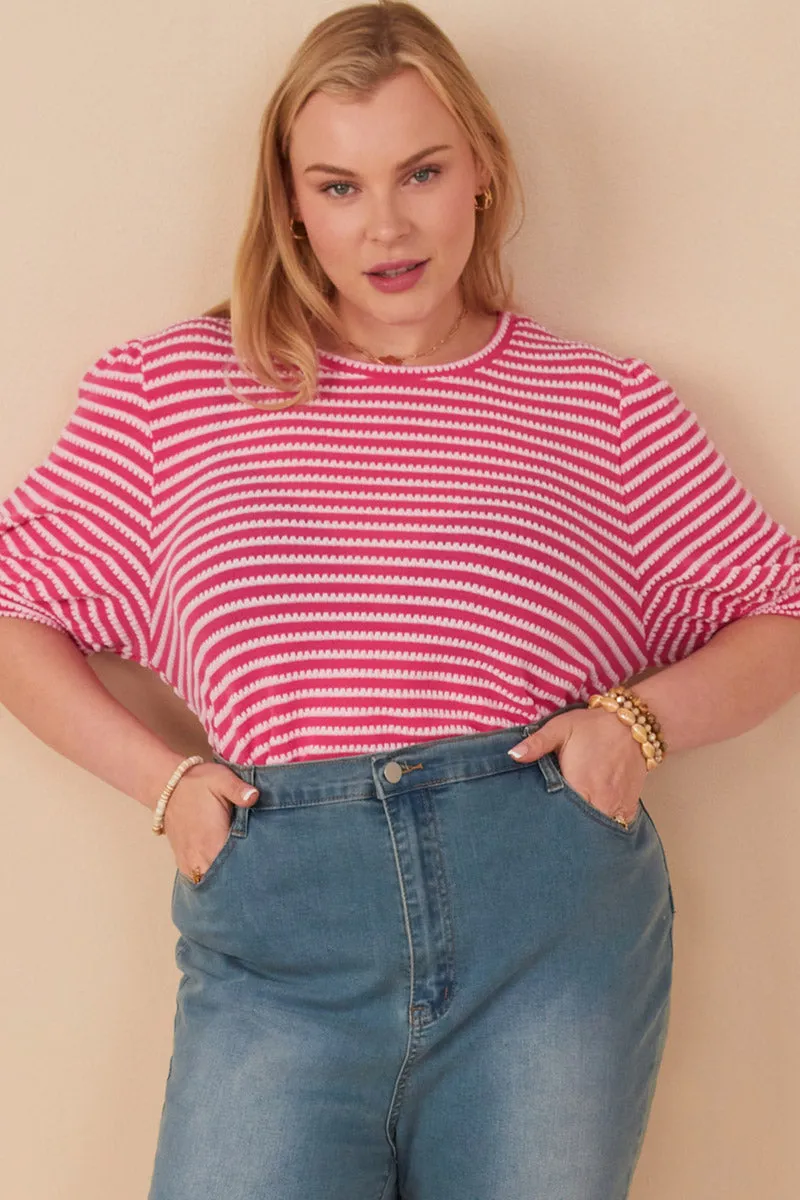 Loose Sweater Textured Stripe Puff Sleeve Knit Top