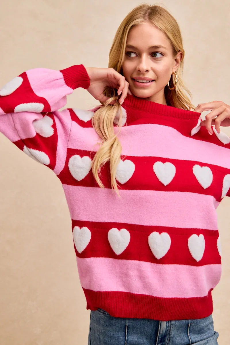Fall Layer Relax Form IT4840H-01 | VALENTINES JACQUARD HEART STRIPED SWEATER TOP