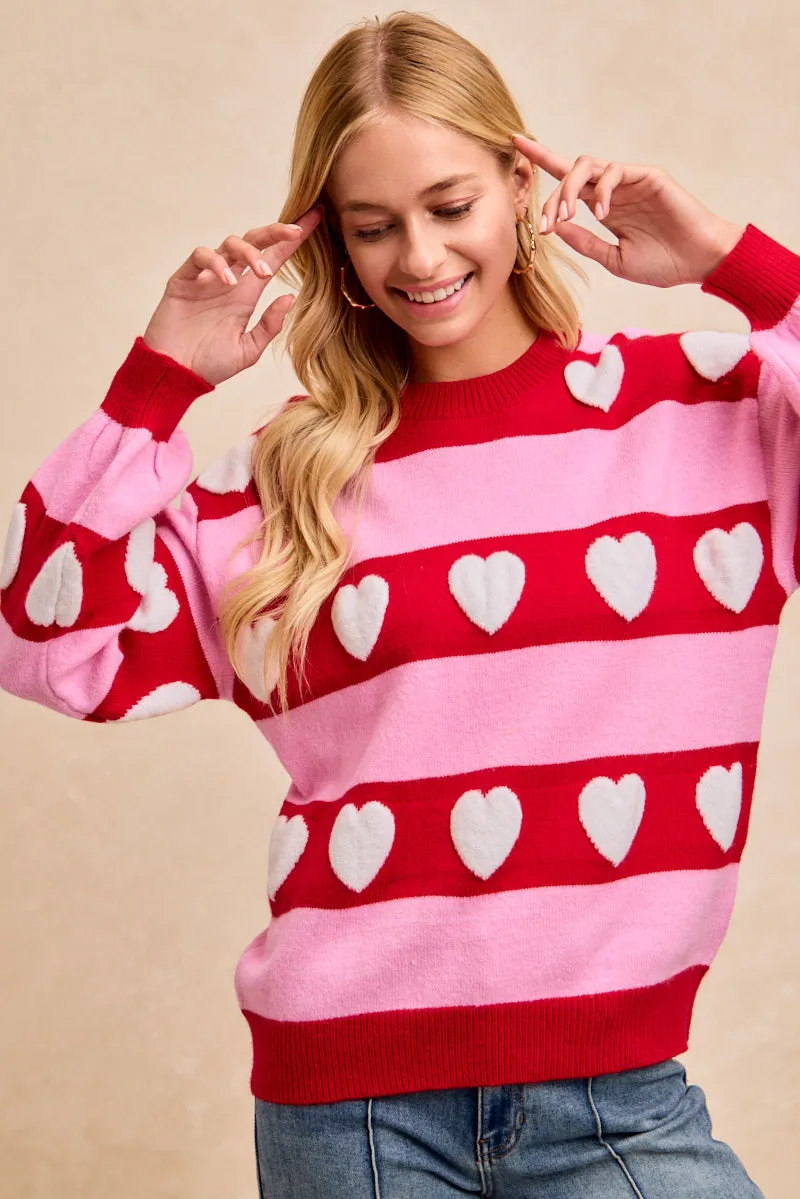 IT4840H-01 | VALENTINES JACQUARD HEART STRIPED SWEATER TOP Flare Swing