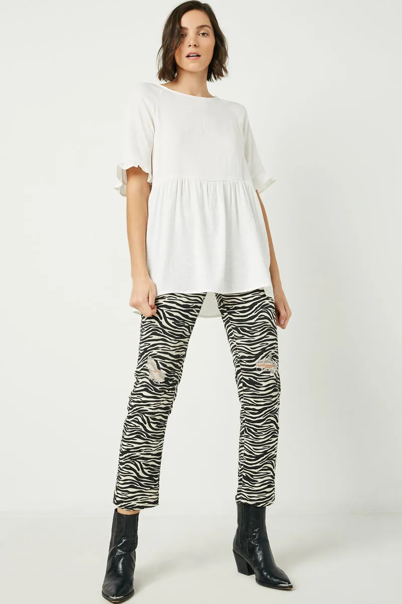 Ruffle Sleeve Button Back Peplum Top Multi Panel Cut Casual Pullover