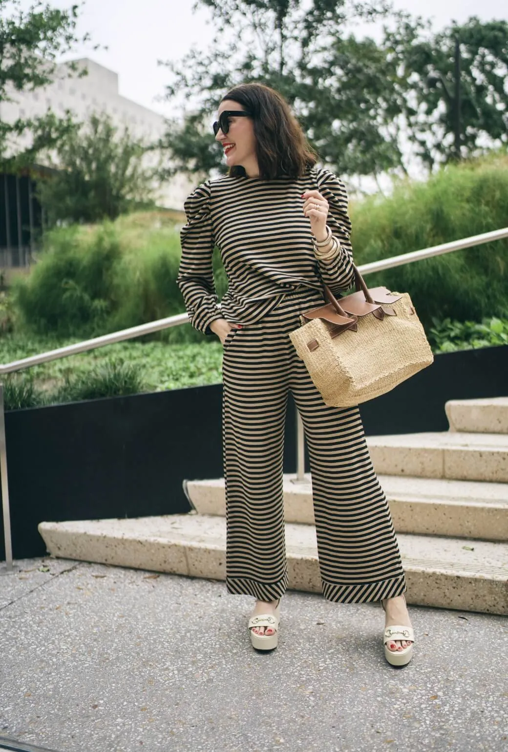 SAMPLE - BURU x Val Wide Leg Knit Trouser - Taupe & Black Knit Odor Resistant RecycledPolyester