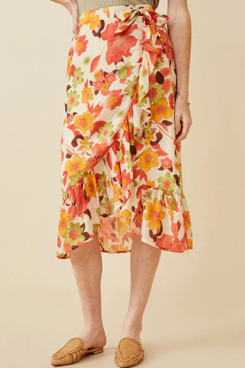 Textured Bold Floral Asymmetric Ruffle Tie Skirt Wool blend Anti Static Lining