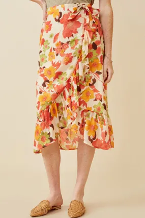 Textured Bold Floral Asymmetric Ruffle Tie Skirt Quick Access Pockets Work Essential