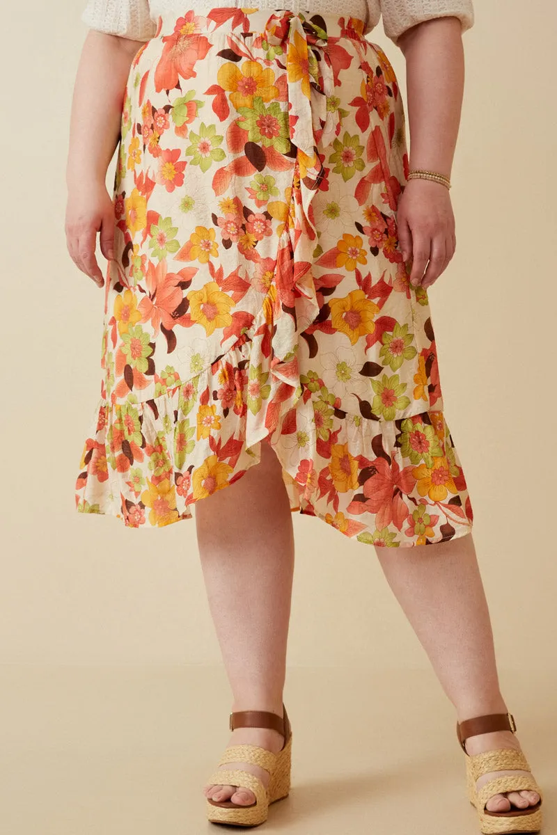 Textured Bold Floral Asymmetric Ruffle Tie Skirt Seamless Waistband