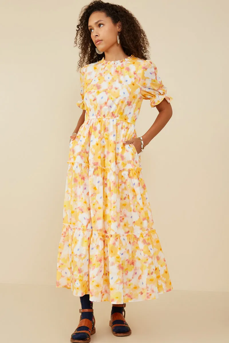 Bright Floral Ruffle Neck Tiered Dress Timeless Line