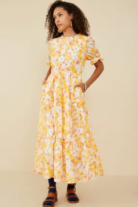 Bright Floral Ruffle Neck Tiered Dress button detail