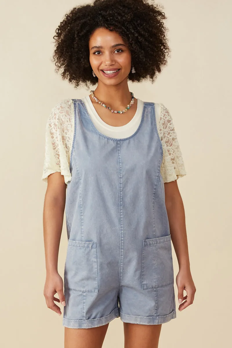 All Fit Womens Washed Patch Pocket Scoop Back Sleeveless Romper