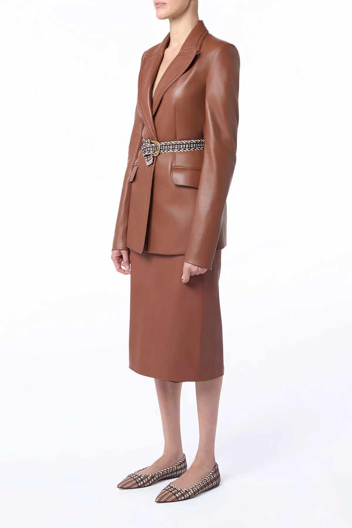 Isara Blazer in Cognac Nappa Leather Relaxed Dress High Neckline Structure