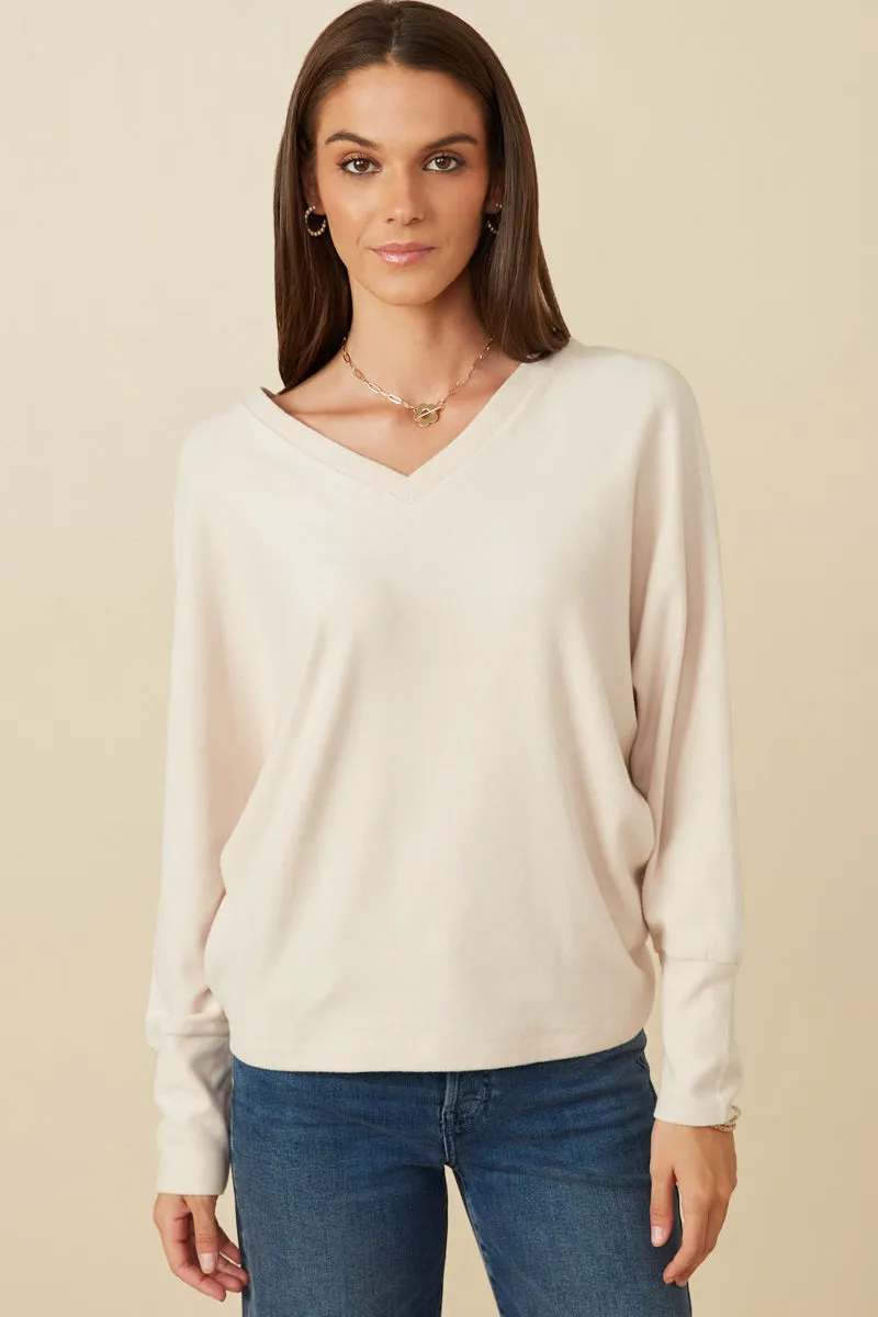 Tencel Lyocell Fiber FoldableFeature Brushed Button Detail V Neck Cuffed Dolman Knit Top