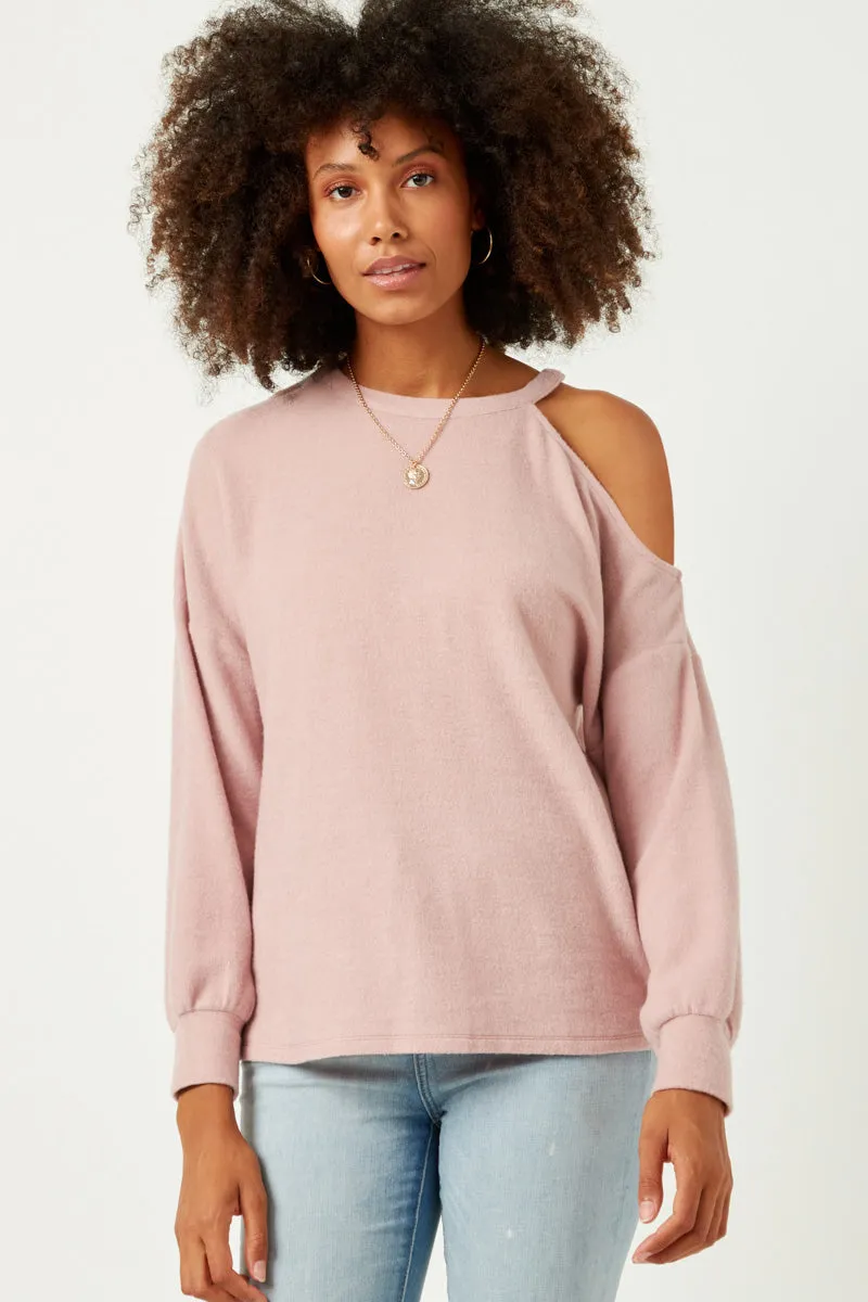 Minimalist Aesthetic Brushed Cold Shoulder Detail Long Sleeve Knit Top