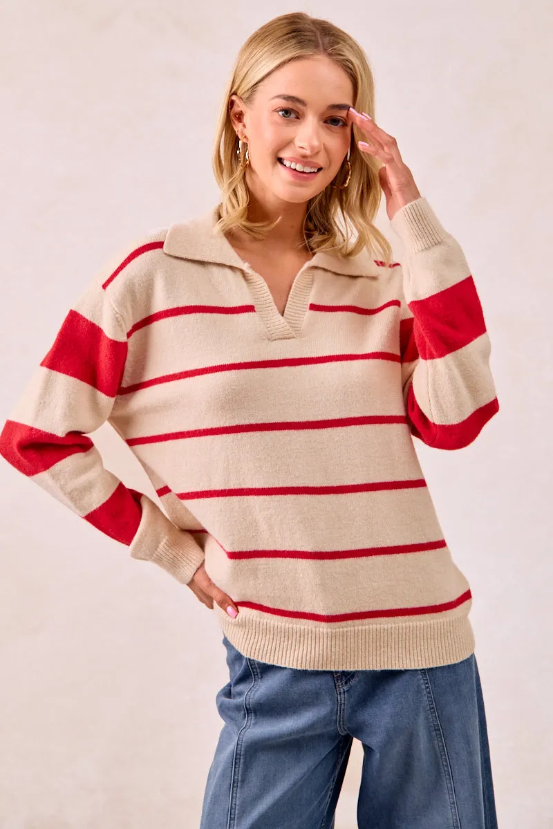 IT4312-01 | CONTRAST STRIPED SOLID KNIT SWEATER TOP FourWay Stretch