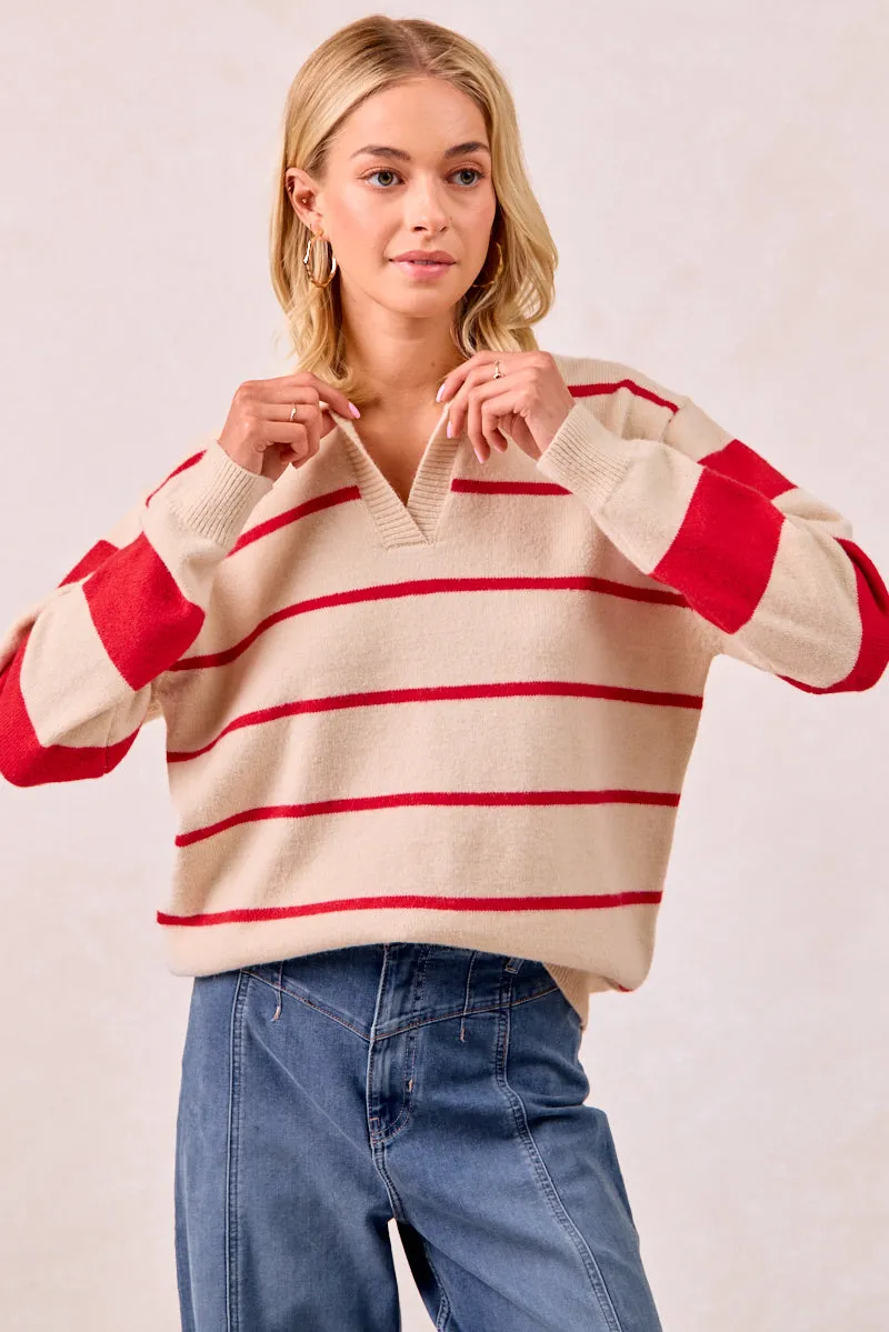 AdjustableDrawstring AntiPill Texture IT4312-01 | CONTRAST STRIPED SOLID KNIT SWEATER TOP