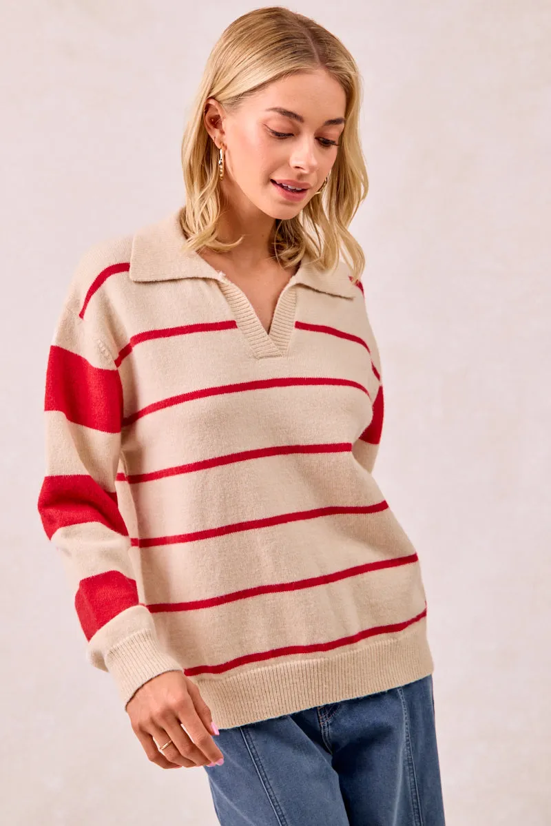 LightweightMaterial IT4312-01 | CONTRAST STRIPED SOLID KNIT SWEATER TOP