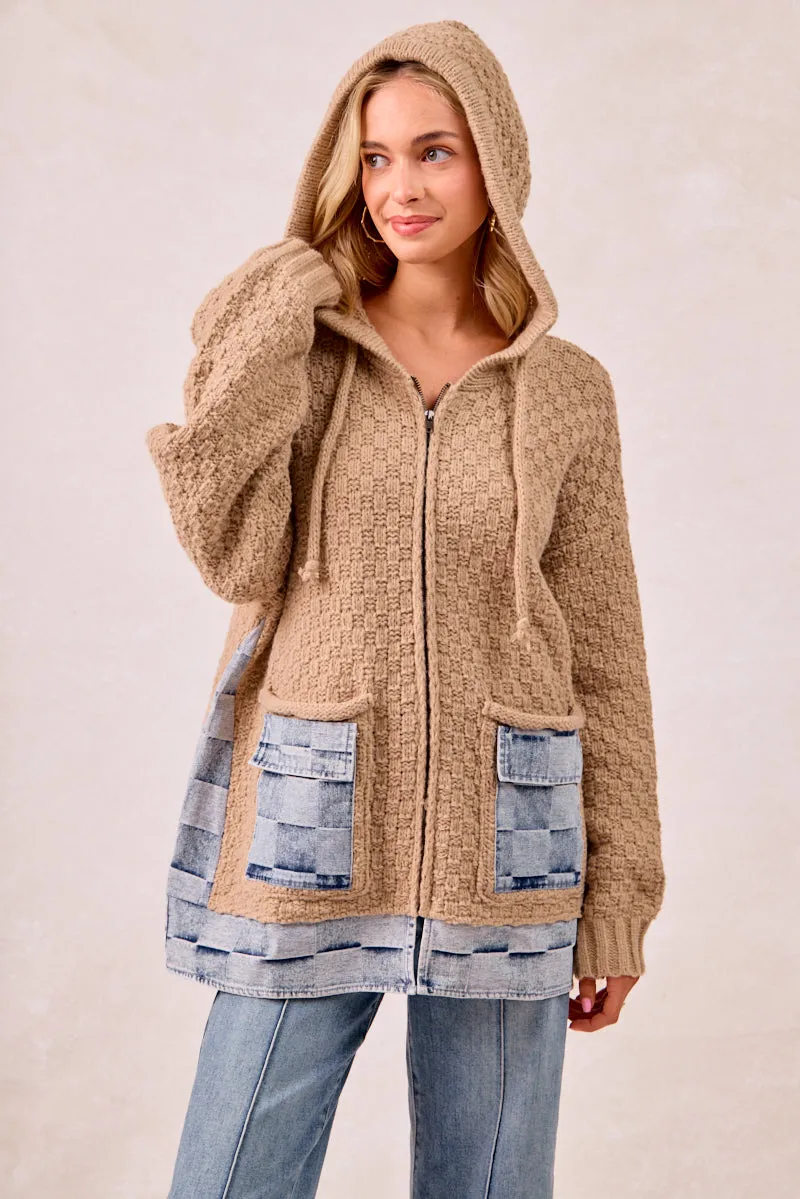 IT2951G-01 | WASHED CHECKER DENIM MIX AND MATCH SWEATER HOODIE Waterproof Stitch Details OdorControlTreatment