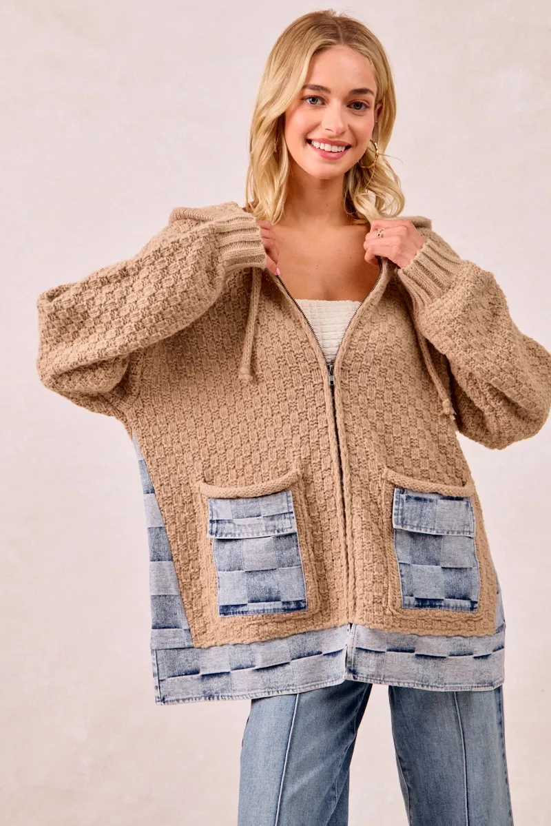 IT2951G-01 | WASHED CHECKER DENIM MIX AND MATCH SWEATER HOODIE Down Stuffed Flexible Zipper Guards