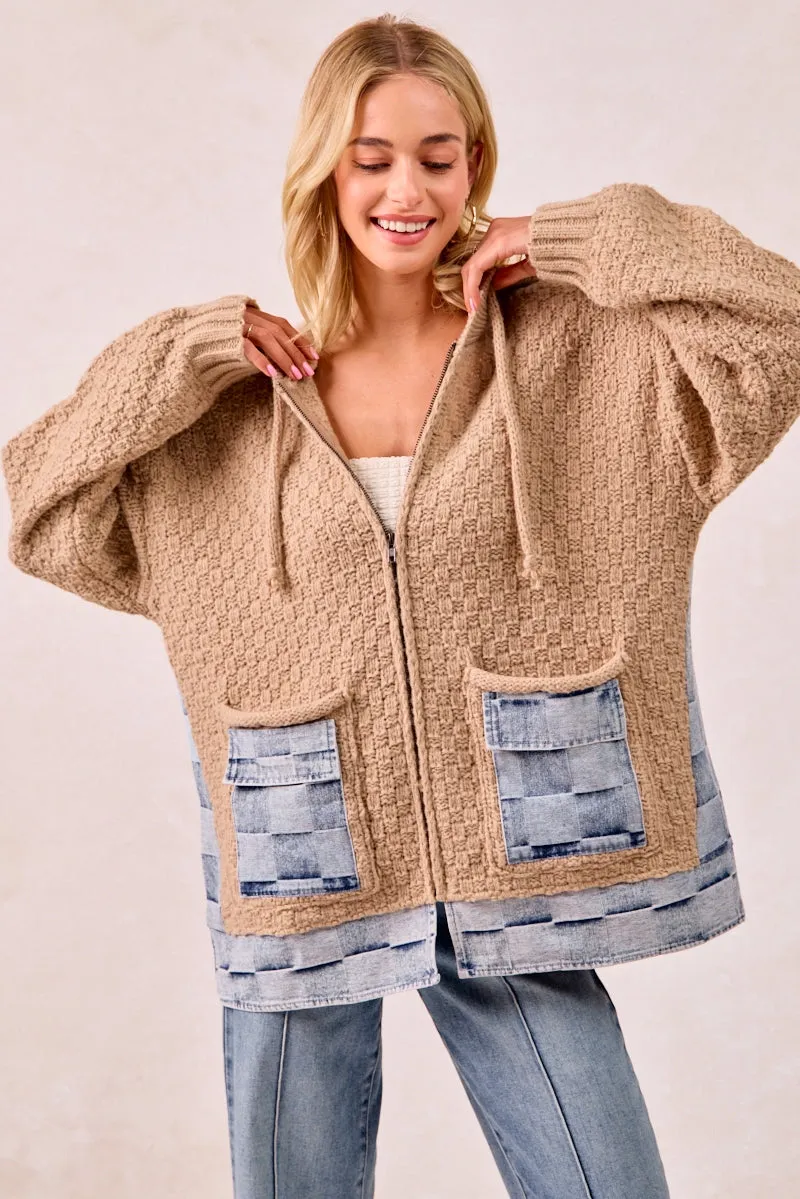 IT2951G-01 | WASHED CHECKER DENIM MIX AND MATCH SWEATER HOODIE Water Resistant