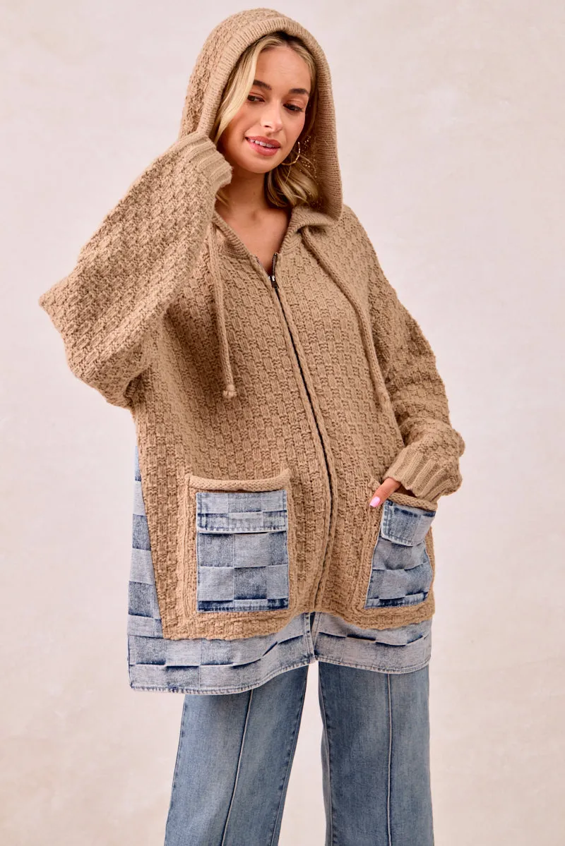 IT2951G-01 | WASHED CHECKER DENIM MIX AND MATCH SWEATER HOODIE Comfy Street Piece