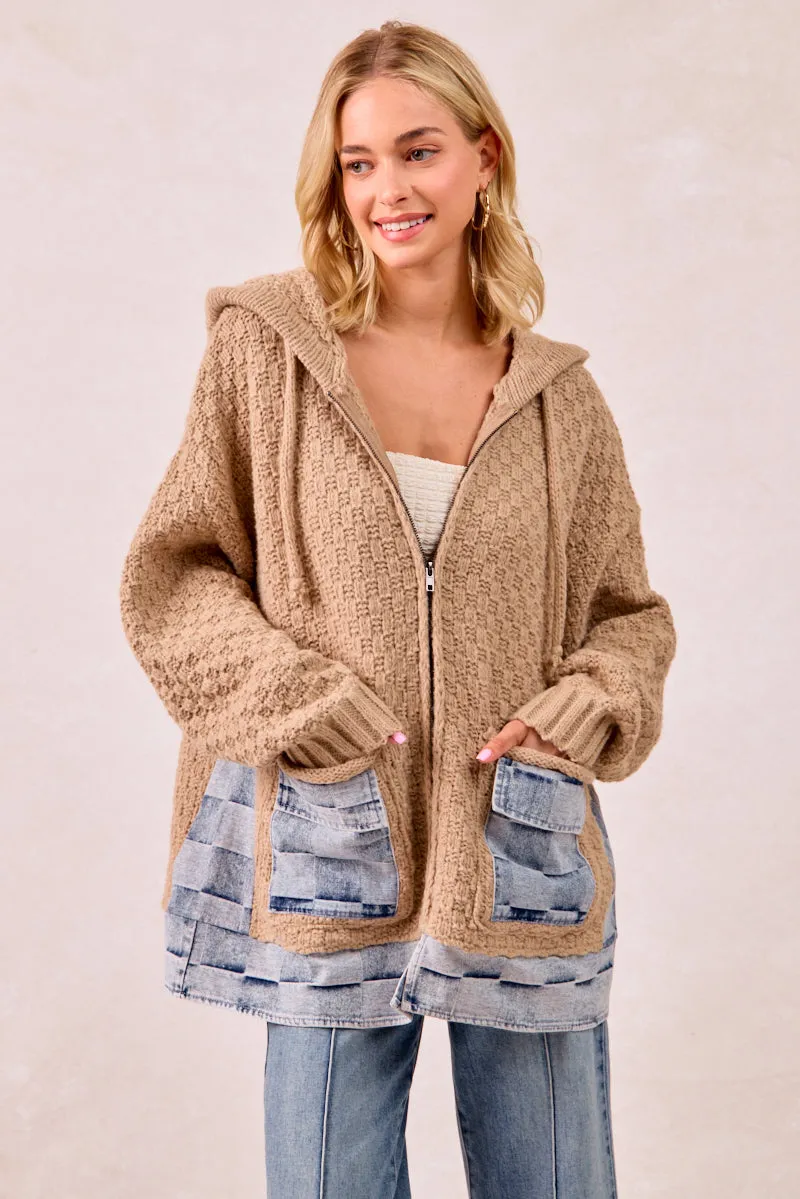 IT2951G-01 | WASHED CHECKER DENIM MIX AND MATCH SWEATER HOODIE Bonded seams DurableStitching