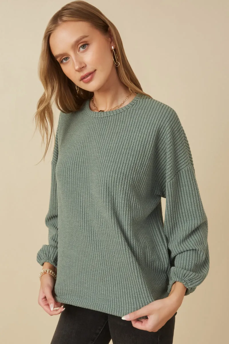 Sporty Blouse Brushed Ribbed Puff Sleeve Knit Top