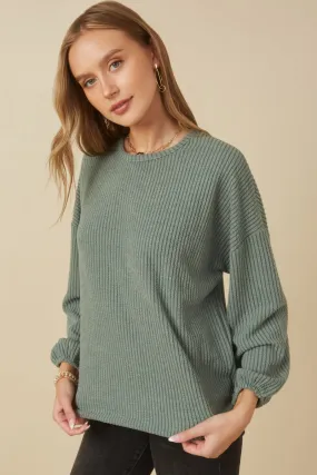 Minimalist Collar Brushed Ribbed Puff Sleeve Knit Top