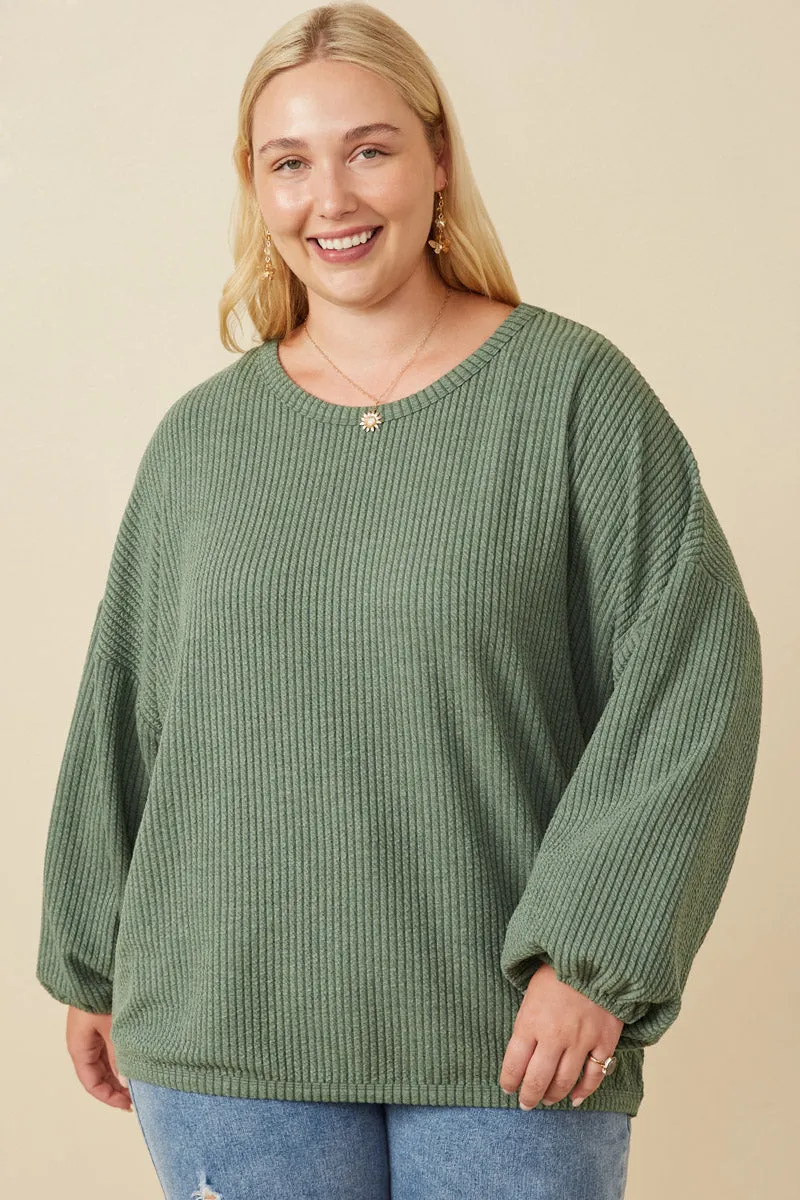 Brushed Ribbed Puff Sleeve Knit Top SoftLining