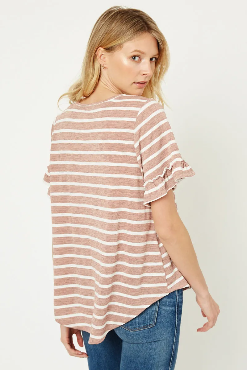FlexibleCollar Adjustable Hem Toggles Stripe V-Neck Ruffle Tee