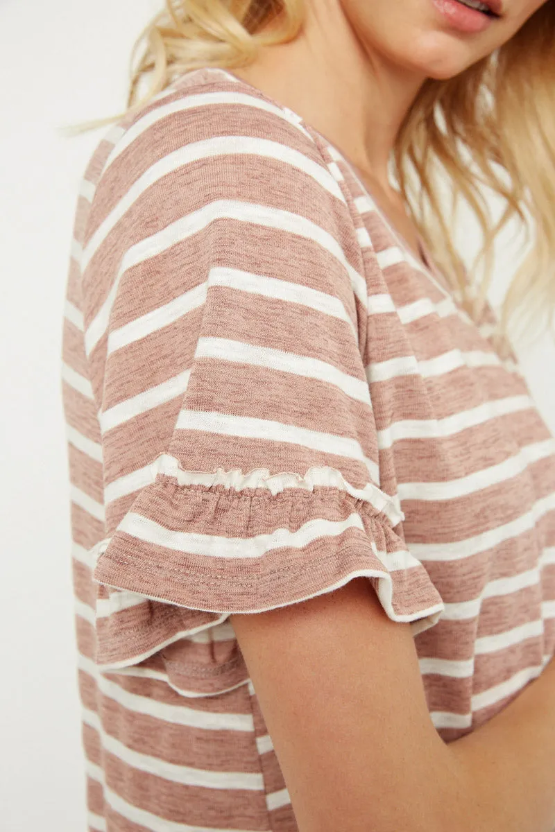 Stripe V-Neck Ruffle Tee Casual Wear