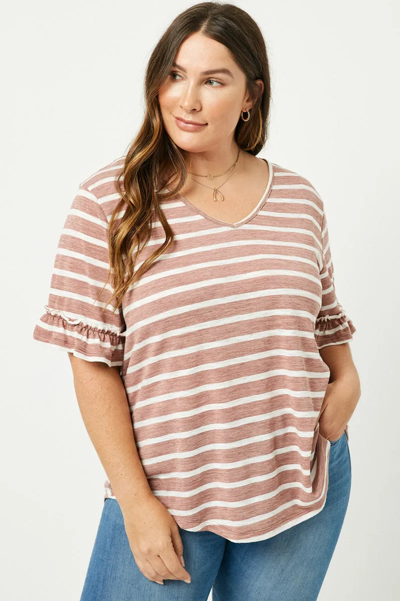 Stripe V-Neck Ruffle Tee Structured Shoulder Flatlock Seam Design