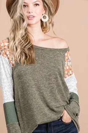 BT1630-08 | BRUSHED MELANGE HACCI TOP WITH PRINT BLOCK SLEEVES AntiStaticTreatment