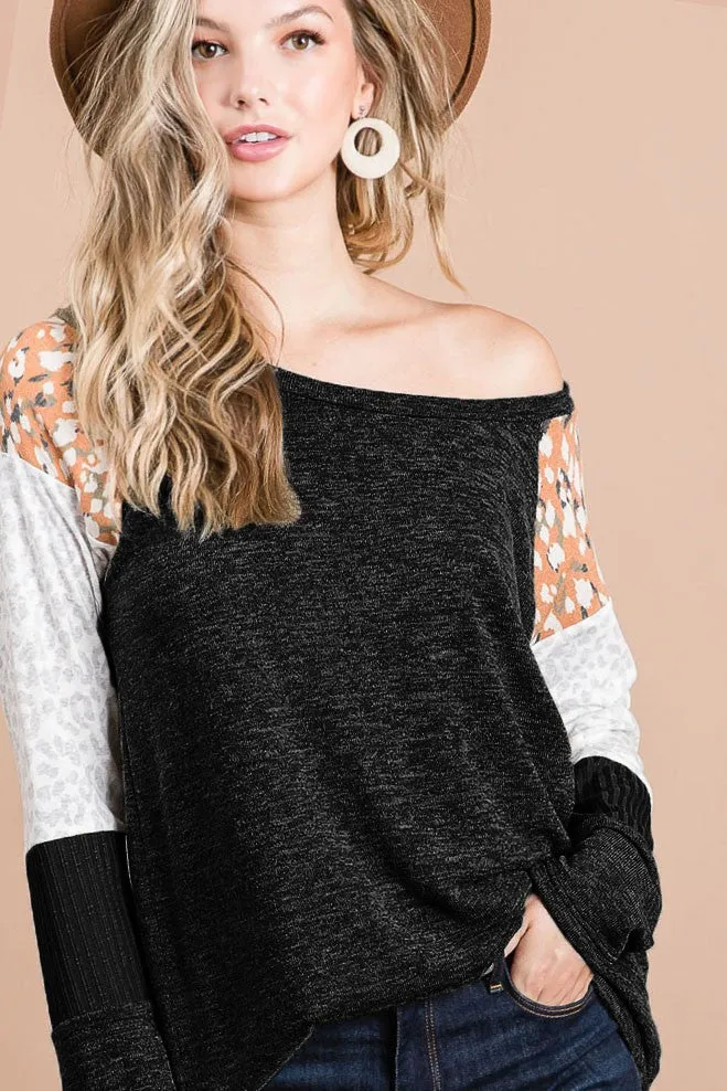 BT1630-08 | BRUSHED MELANGE HACCI TOP WITH PRINT BLOCK SLEEVES PolyesterBlend