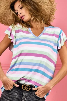 Shrinkage Prevention Treatment StainResistantFinish BT2354A-02 | MULTI STRIPE BRUSHED KNIT FLARED SLEEVE TOP