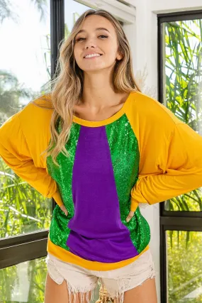 ZeroWastePattern Contoured Armhole Design BT3328D-03 | MARDI GRAS COLORBLOCK SEQUINS CREW NECK LSLV TOP
