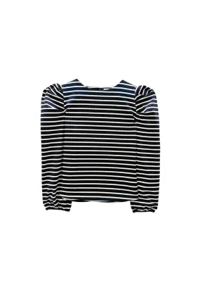 MultiDirectionalStretch PuckerFree Surface Buru x Kristin Kennedy Puff Sleeve Pullover - B&W Stripe Knit
