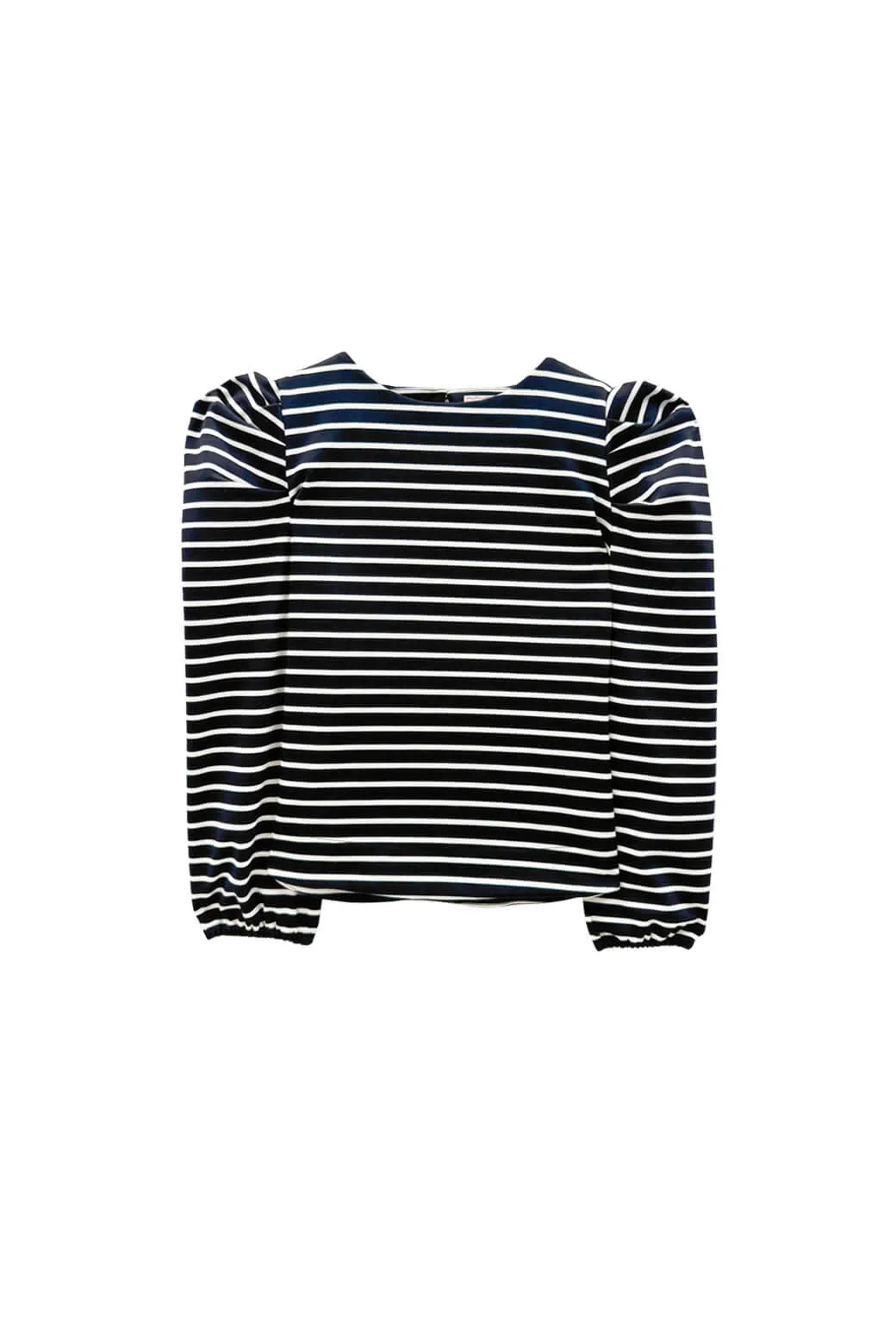 MultiDirectionalStretch PuckerFree Surface Buru x Kristin Kennedy Puff Sleeve Pullover - B&W Stripe Knit