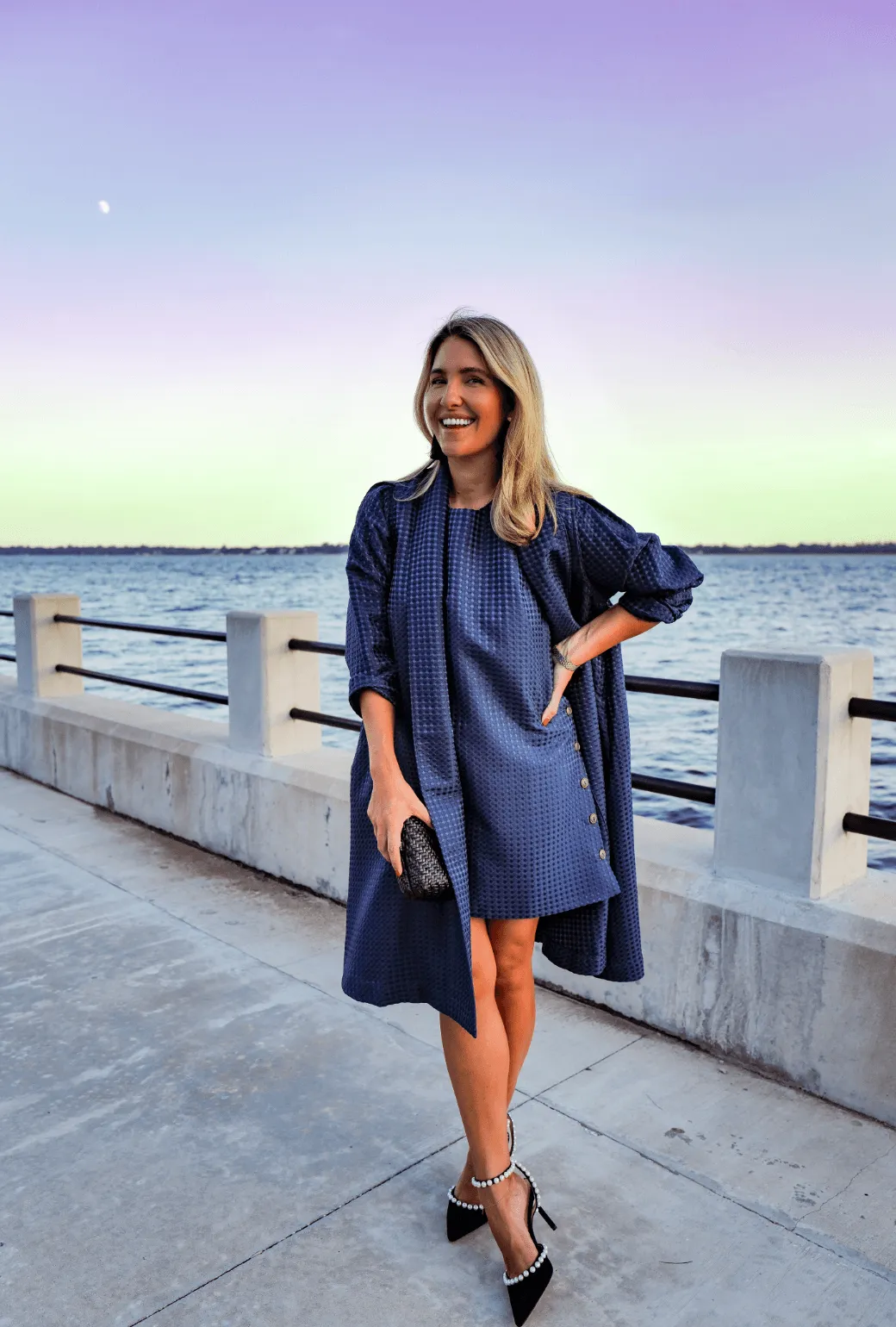 Buru x Megan Stokes Belted Swing Coat - Chelsea Blue Dot Full Length Zipper Closure