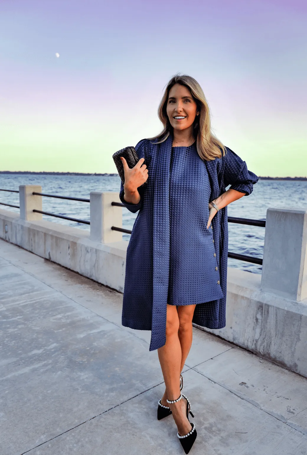 Buru x Megan Stokes Belted Swing Coat - Chelsea Blue Dot Practical Everyday Fit