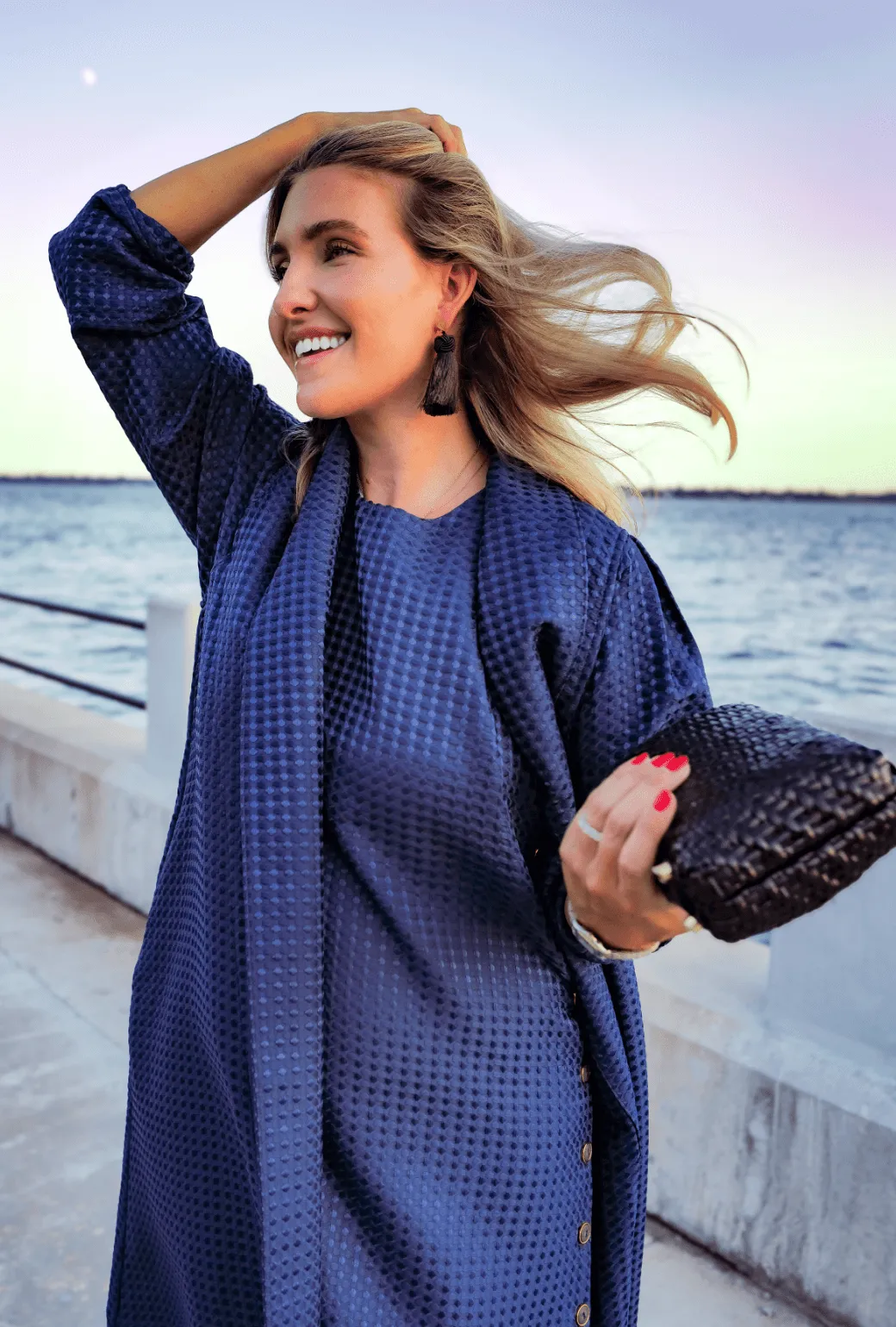 Buru x Megan Stokes Belted Swing Coat - Chelsea Blue Dot Weatherproof Shell Warmth Retention Technology