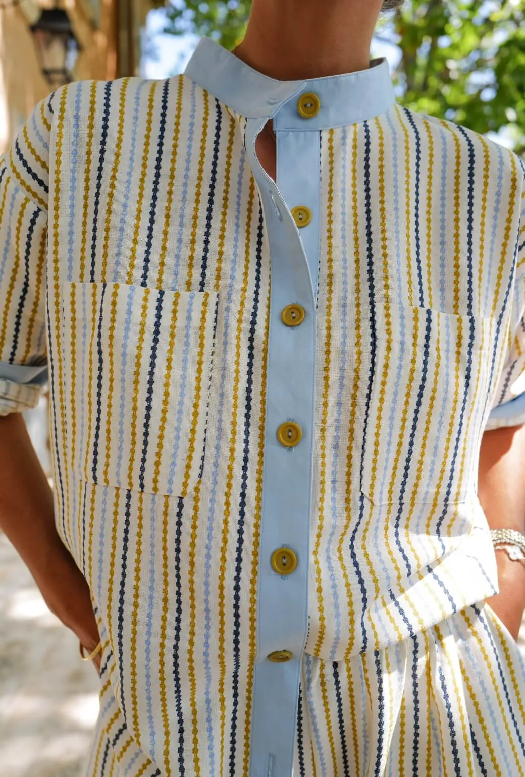 Buru x Megan Stokes Mandarin Shirt - Popcorn Stripe CrossBackDesign