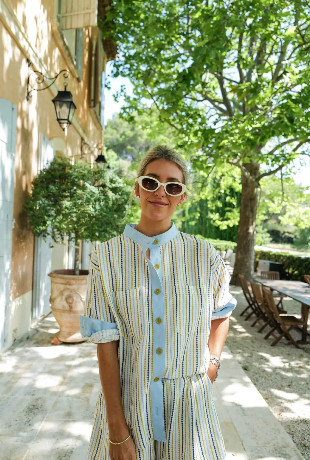 Buru x Megan Stokes Mandarin Shirt - Popcorn Stripe LayeredDurability AthleisureReady