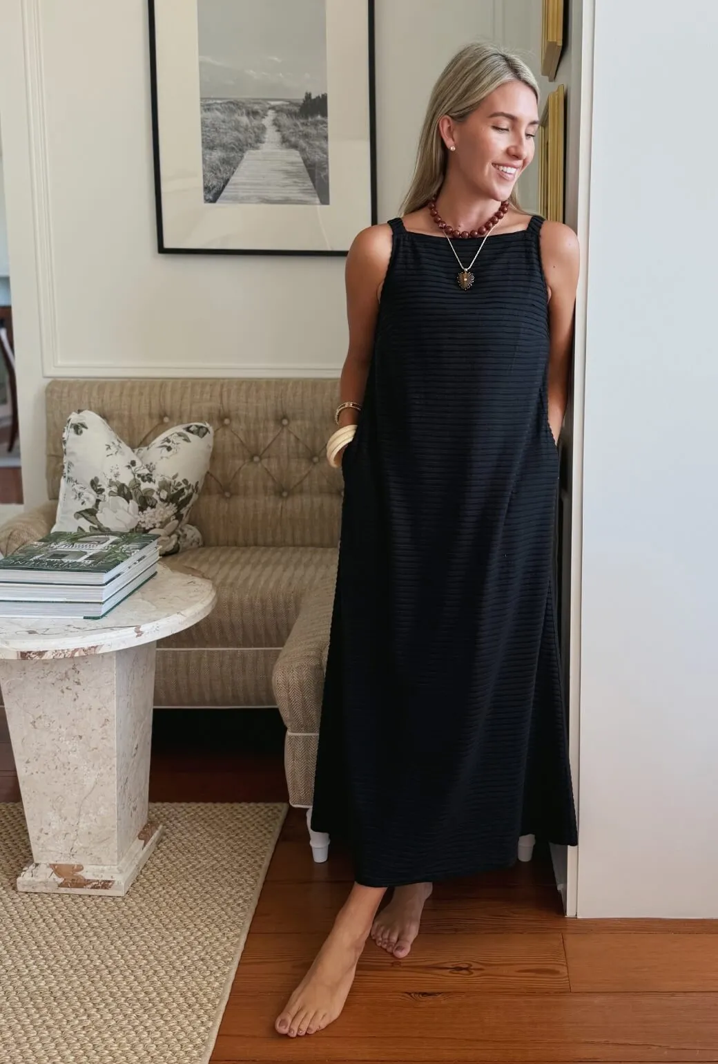 Multi Panel Design Subtle Texture Weave Buru x Megan Stokes The Megan MIDI Dress - Black Pintuck Knit