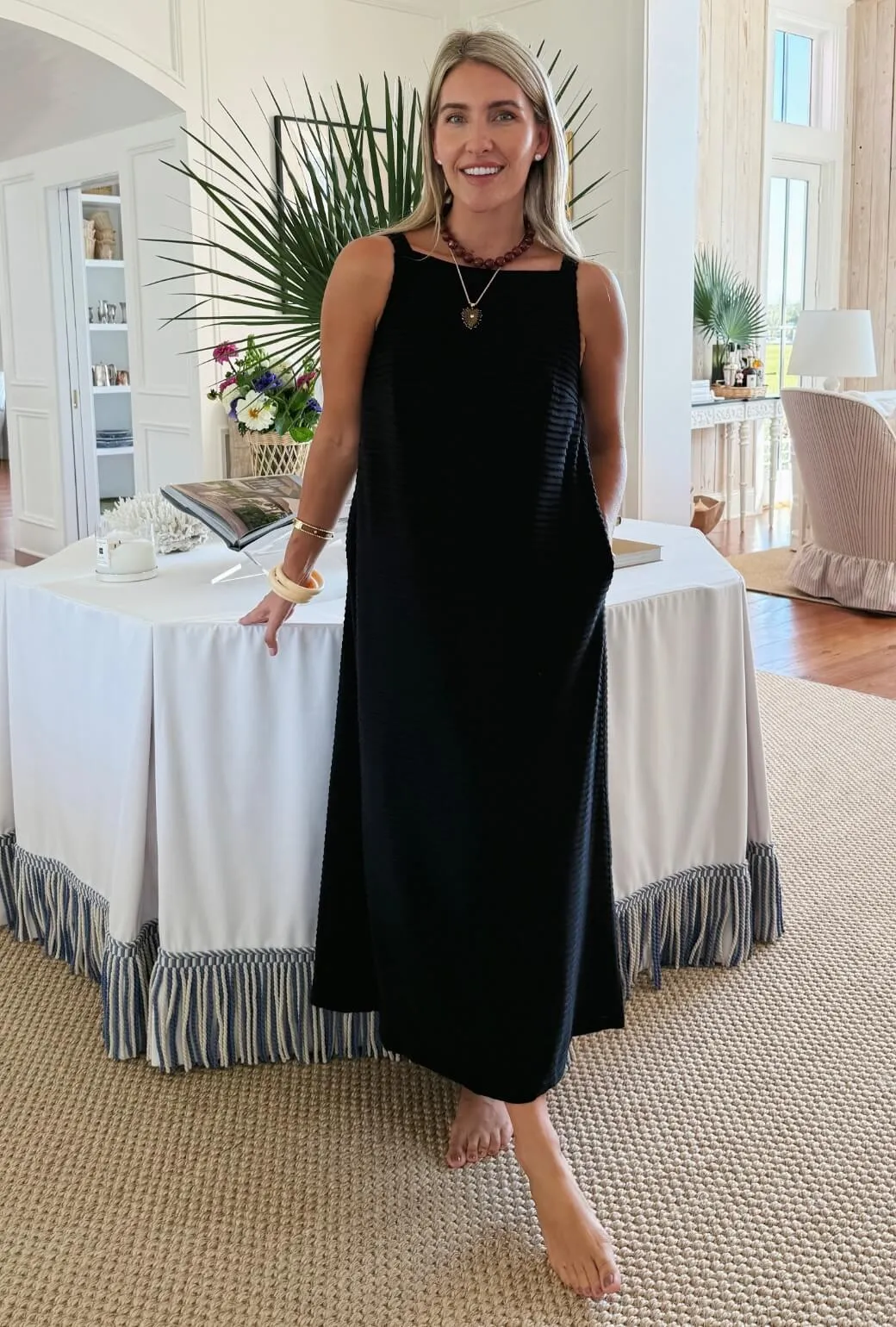 Buru x Megan Stokes The Megan MIDI Dress - Black Pintuck Knit Non Restrictive Armhole Cut ArticulatedElbowShaping