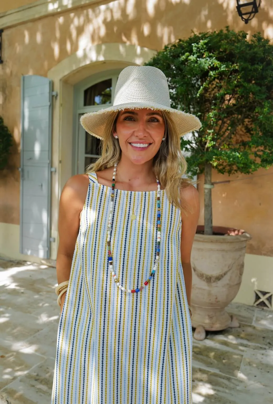 Buru x Megan Stokes The Megan MIDI Dress - Popcorn Stripe Neutral Tone Palette Thermal Regulating Fabric