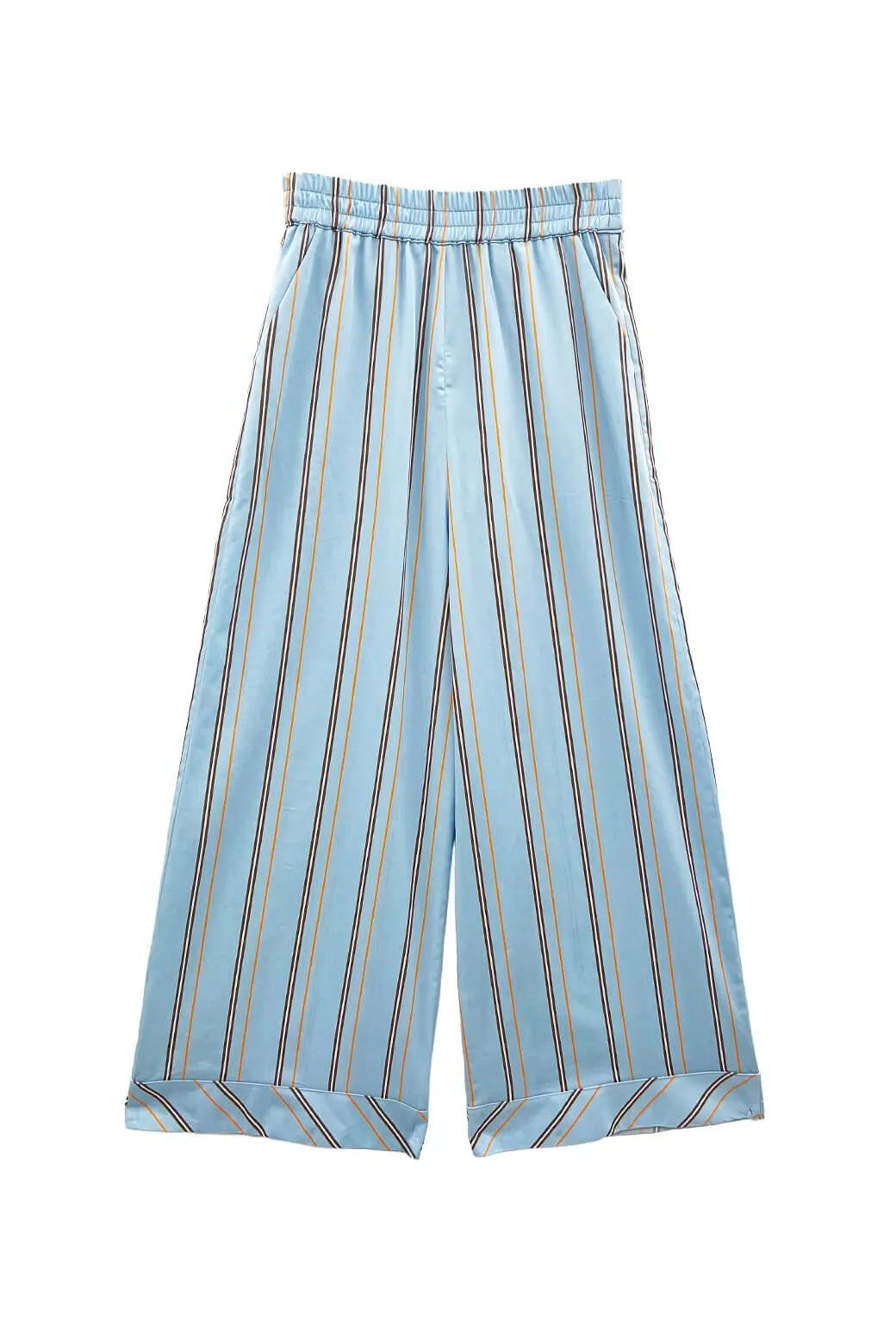 Buru x Megan Stokes Wide Leg Trouser - Blue & Brown Stripe Stain Release Finish Ripstop Texture
