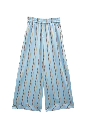 Buru x Megan Stokes Wide Leg Trouser - Blue & Brown Stripe Stain Release Finish Ripstop Texture