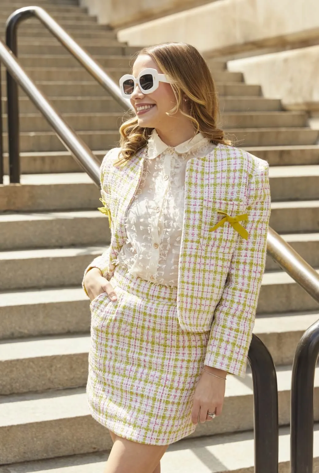 Stain Repellent Coating Flattering Drape Buru x Old Soul Etiquette Bow Blazer - Spring Tweed