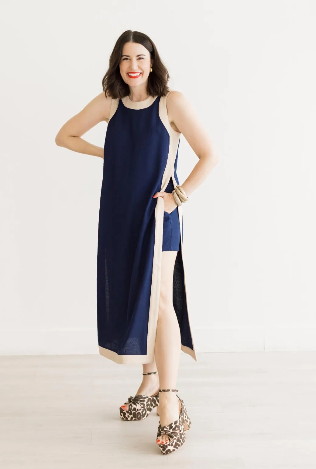 Buru x Val Bermuda Set - Navy & Taupe Asymmetrical hem