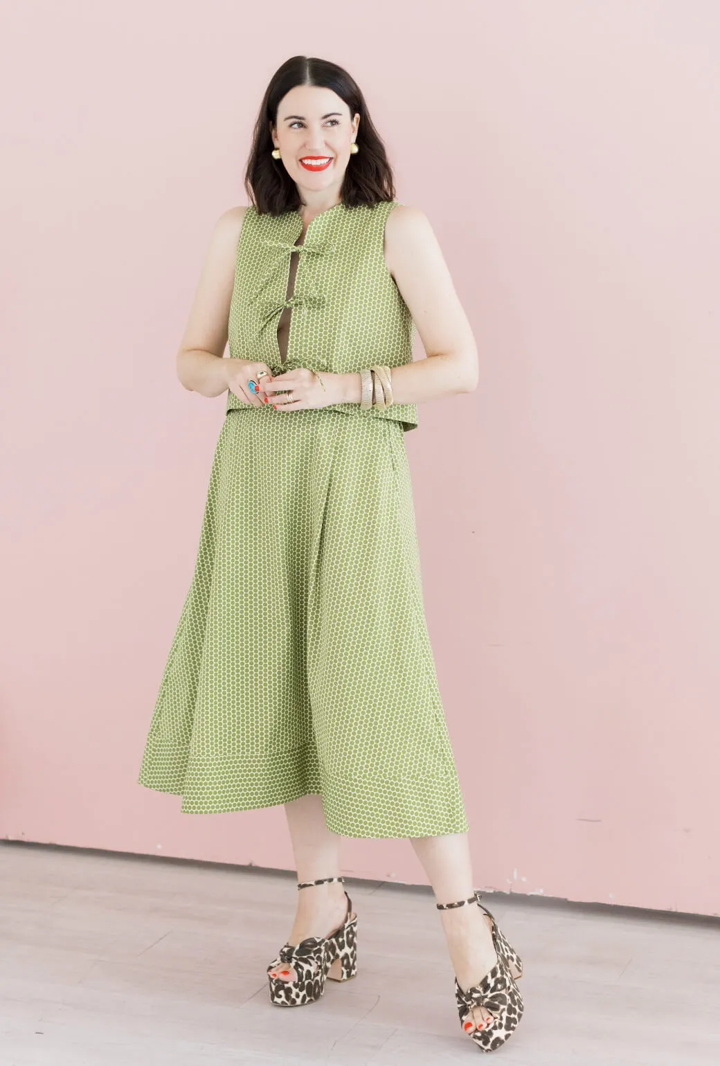 Buru x Val Flat Front MIDI Skirt  - Green Polka Dot EcoFriendlyDye Eco Friendly Dye